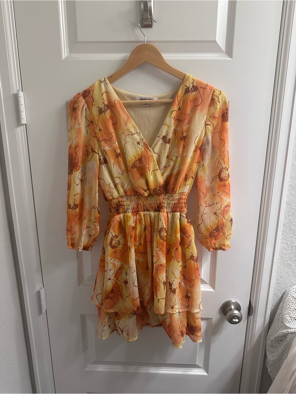 Mimi Chica Yellow and Orange Floral Wrap Mini Dress